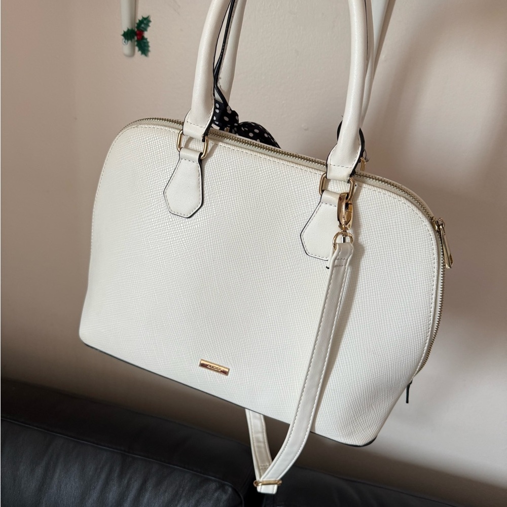 Aldo White Structured Satchel with Black Polka Dot Scarf - Picture 2 of 7